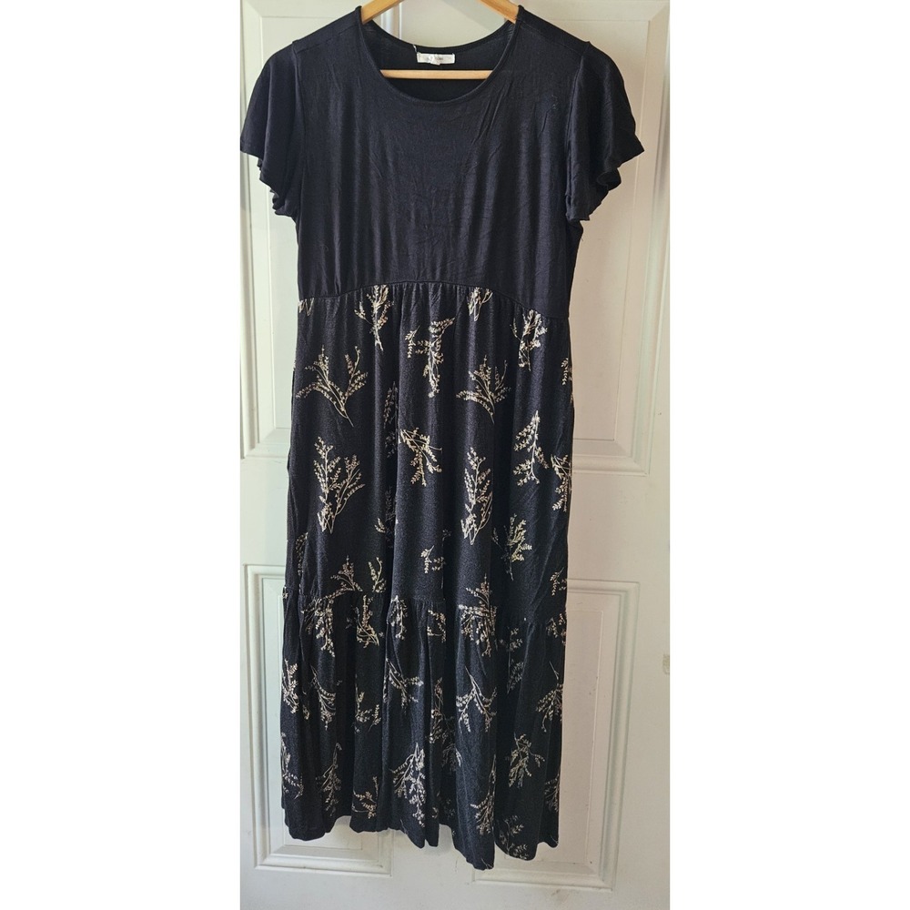 Maurices Womens Medium Midi Dress Black Floral‎ Short Sleeve Pockets Boho